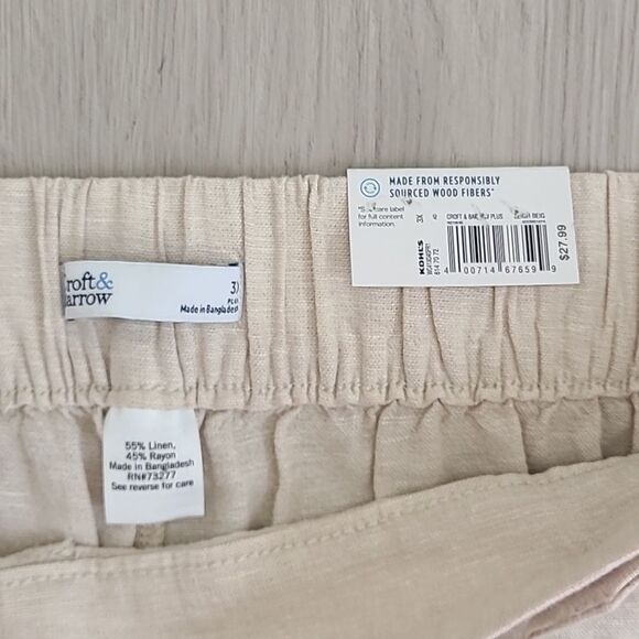 Croft & Barrow NWT Beige Linen Blend Pants Mid Rise Summer Plus Size 3X Crop - Picture 2 of 5